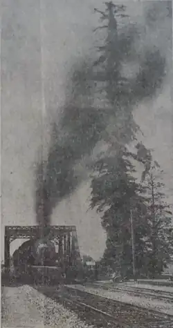 Grainy image of train crossing trestle, belching black smoke onto the tall tree
