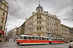 Prague tram on the Strossmayer Square, one of the main centres of Holešovice