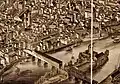 Detail of 1881 bird's eye view of Troy, with the rebuilt Green Island Bridge (portion from Centre Island to Troy was still covered with a wooden shed until a new bridge was built in 1884)