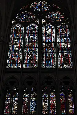 Upper windows of the choir (Bay 208); Parable of the Wise and Foolish Virgins