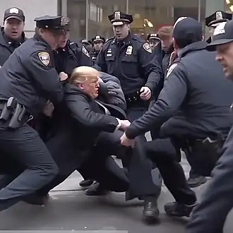 Journalist Eliot Higgins' Midjourney-generated image depicts President Donald Trump getting arrested. The image was posted on Twitter and went viral.[150]