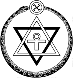 Theosophical Society emblem with the ankh symbol in a seal of Solomon encircled by the ouroboros, topped by a swastika and the om ligature and surrounded by the motto (motto not shown, in caption)