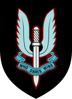 Emblem of a winged sword with the motto, "Who dares, wins"