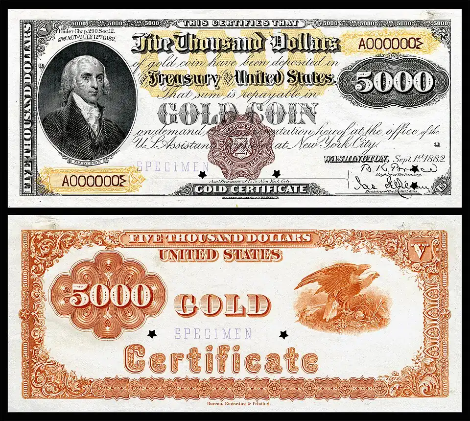$5,000 Gold Certificate, Series 1882, Fr.1221a, depicting James Madison