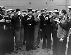 US and Soviet sailors and seamen celebrating V-J Day on August 14, 1945