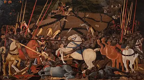 Paolo Uccello, Niccolò Mauruzi da Tolentino Unseats Bernardino della Carda[73] at the Battle of San Romano (dating uncertain; c. 1435–1455)