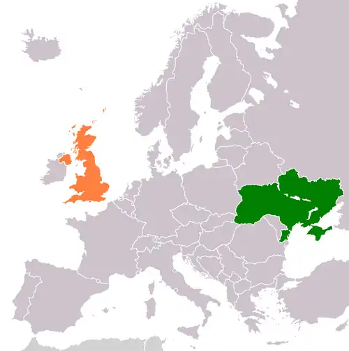 Map indicating locations of Ukraine and United Kingdom
