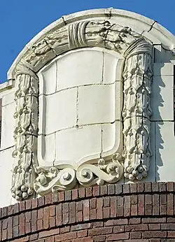 The top corner of the two street facades