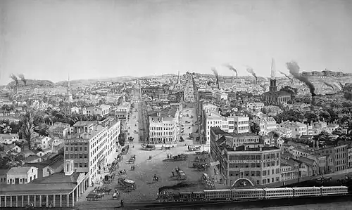 A black-and-white pencil drawing of a bustling, smoky, industrial city.