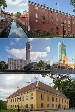 Clockwise from top left: Half-timbered buildings alongside Svartån river, Västerås Castle, Skrapan, Biskopsgården, Västerås city hall.