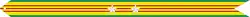 A yellow streamer with two green horizontal stripes on the outside and three horizontal red stripes and two silver stars and one bronze star in the center