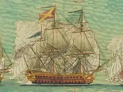a simplistic image of an 18th-century warship wreathed in gunsmoke