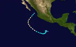 A track map of the path of a hurricane off the Pacific coast of Mexico