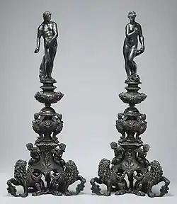 Andiron fronts with Venus and (?) Mars. Design by Girolamo Campagna, possibly made in 17th century. 44+1⁄2 inches (113 cm) high