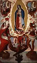 Painting of Our Lady of Guadalupe, including scenes of the apparition of the Virgin Mary to Juan Diego by Josefus De Ribera Argomanis. (1778)