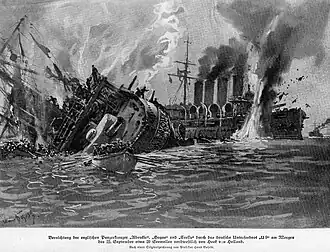 Illustration by Hans Bohrdt depicting the sinking of HMS Cressy, HMS Hogue and HMS Aboukir by U-9 on 22 September 1914 off the Dutch coast.