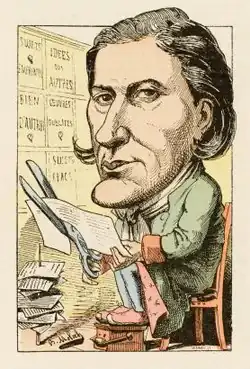 Drawing of a man with a large head, seated facing the viewer, wearing a pale green coat and cutting up a printed sheet of paper with large scissors