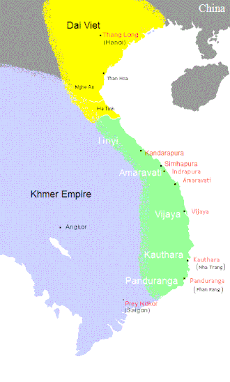 A map of the region of southeast Asia that contains the modern day states of Vietnam, Laos, and Cambodia, divided into three sections. The northern half of modern-day Vietnam, as well as some of southern China, is controlled by the Lý dynasty. South of Lý is a strip of territory along the eastern coast controlled by the Champa. The rest of the peninsula is controlled by the Khmer Empire.