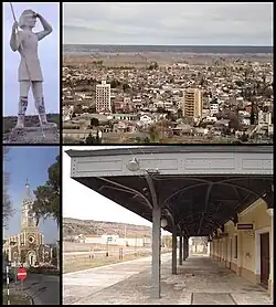 Clockwise from top: Indio Comahue Monument, Downtown Villa Regina, train station and Nuestra Señora del Rosario parish