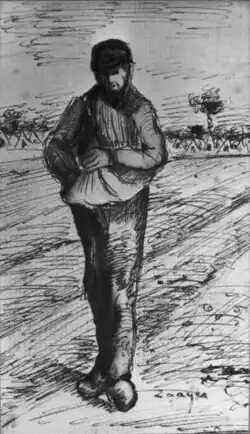 A man with his hand in his apron gathered as a sack draped round his shoulder.