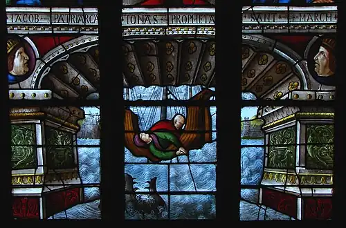 Auch Cathedral, stained glass window by Arnaud de Moles: Jonah (detail)