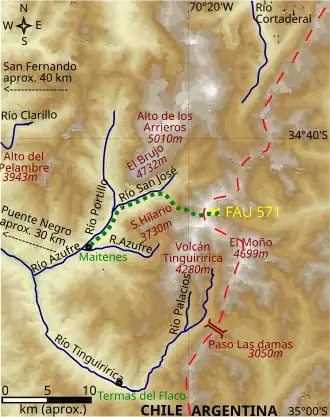 A topographic map of the area surrounding the plane crash site with Parrado and Canessa's route marked