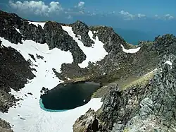 crater lake between the northern and southern peaks