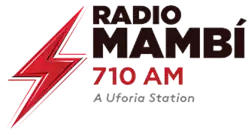A red lightning bolt. Next to it, black text "Radio Mambí", then red text "710 AM", then gray text "A Uforia Station".