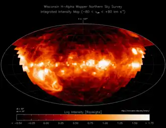 Image 60The distribution of ionized hydrogen (known by astronomers as H II from old spectroscopic terminology) in the parts of the Galactic interstellar medium visible from the Earth's northern hemisphere as observed with the Wisconsin Hα Mapper (Haffner et al. 2003) harv error: no target: CITEREFHaffnerReynoldsTufteMadsen2003 (help). (from Interstellar medium)