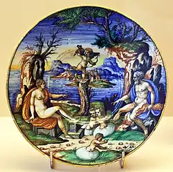 Zeus, Hera, and Amor observe the birth of Helen and Dioscuri (Dutch majolica, 1550)