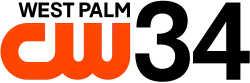The CW network logo in orange next to a black 34 in a sans serif