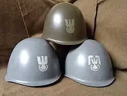 The wz. 67 helmets in the following colours (from top, from left): Land Forces, Navy and Air Force.
