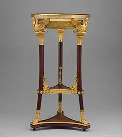 Washstand (athénienne or lavabo); 1800–1814; legs, base and shelf of yew wood, gilt-bronze mounts, iron plate beneath shelf; height: 92.4 cm, width: 49.5 cm; Metropolitan Museum of Art (New York City)
