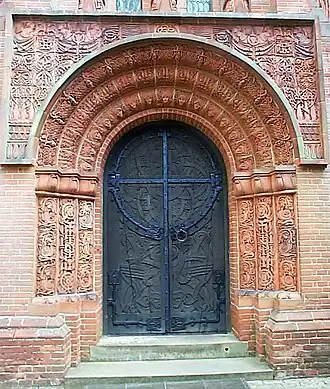 Portal of Watts Cemetery Chapel by Mary Fraser-Tytler in Compton, Surrey