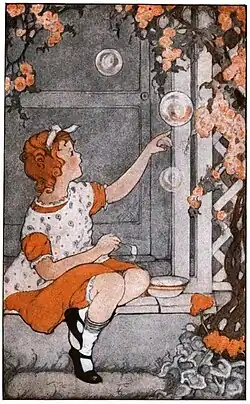 An illustration of a young girl blowing bubbles, drawn with light lines and soft colors, likely watercolor