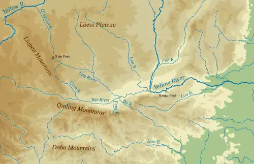 physical map showing the Wei valley surrounded by highlands