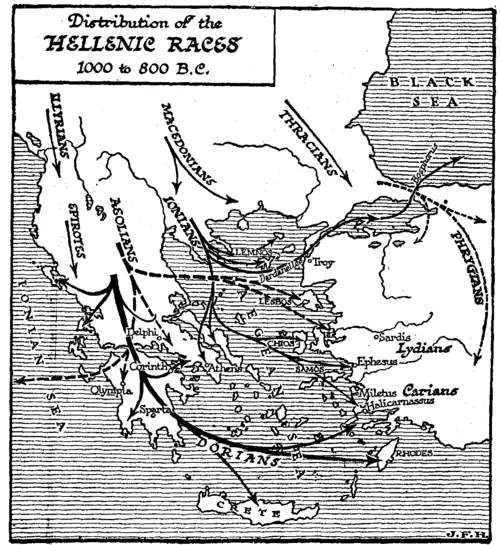 Map showing several population movements, including the Dorians, Aeolians and Ionians, as arrows moving into Greece: the Dorians start from central Thessaly and spread into the Peloponnese and towards Italy and Rhodes.