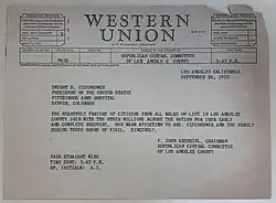 Western Union telegram sent to President Dwight Eisenhower wishing him a speedy recovery from his heart attack on Sept 26, 1955