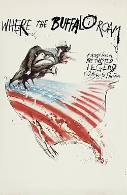 Poster with illustration of two half-human, half-beasts standing over the US flag in the shape of the contiguous United States