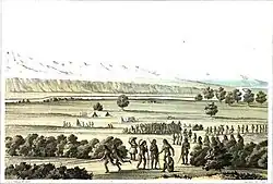 A drawing of some people trading goods near a river