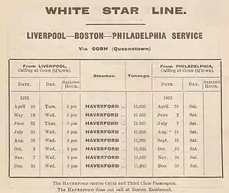 Sailings of Haverford, April–December 1923
