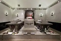 Crown Prince Rudolf's coffin lies to the right of his parents' coffins in the Imperial Crypt in Vienna.