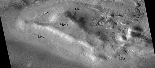 Lobate debris aprons (LDAs) around a mesa, as seen by CTX. Mesa and LDAs are labeled so one can see their relationship.