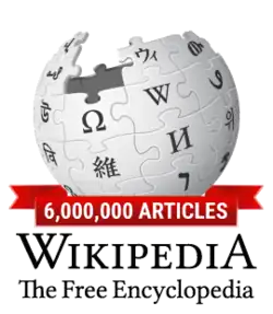 Wikipedia's globe logo with a red banner across the bottom that says, "6,000,000 articles", and below that Wikipedia's motto, "The free encyclopedia".