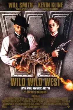Two 19th century gentlemen (an African American and a Caucasian), each wielding guns and behind a gigantic metallic "W" are facing the viewer. Beneath them is a giant flame-spewing mechanical spider, the film's title and credits.
