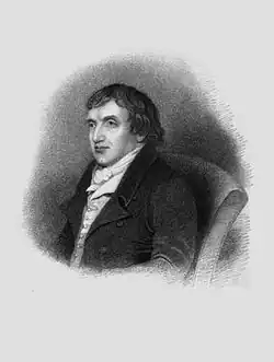 Half-length portrait of a man sitting in a chair wearing a formal, high collared jacket and a white shirt. The palette of the drawing is light grey.