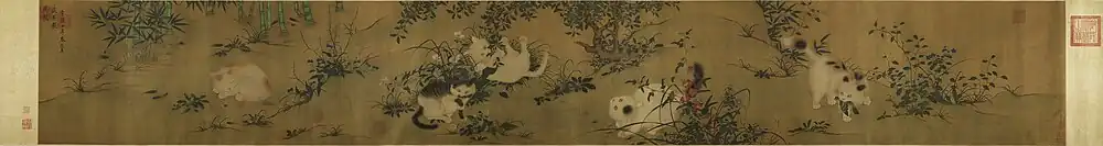 A long painting including five kittens in various poses