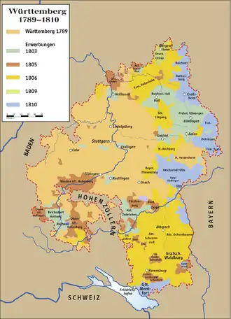 Territorial development of Württemberg from 1789 to 1810. The original duchy is shown in pale orange, territory gained in 1803 is pale green, and that gained in 1805 is shown in brown. Other territory shown was gained after Württemberg was raised to a kingdom