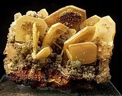 A classic cluster of butterscotch-colored wulfenite blades richly dusted with olive-green mimetite botryoids. Ojuela Mine, Mapimí, Durango, Mexico.