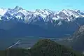 Old Baldy (left), Kananaskis Peak (center), and Wasootch Peak (right) seen from Yates Mountain